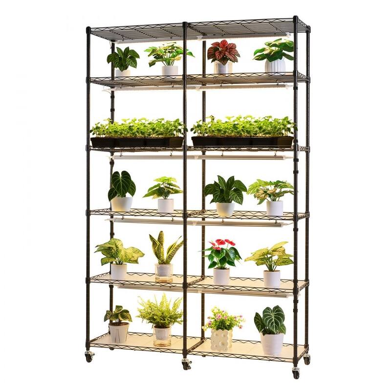 Black Metal 6-Tier Double-Row Plant Stand with 10 Warm LED Grow Lights and Timer - 47.24 x 13.78 x 70.87 in