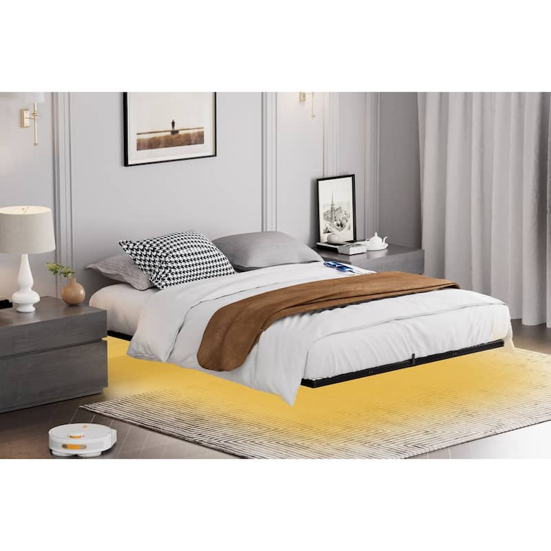 Floating Bed Frame with LED Lights & Charging Station