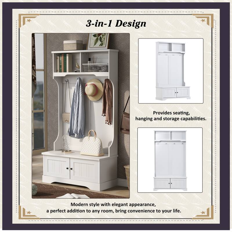 White Entryway Storage Bench with Shelves and 4 Hooks Bed