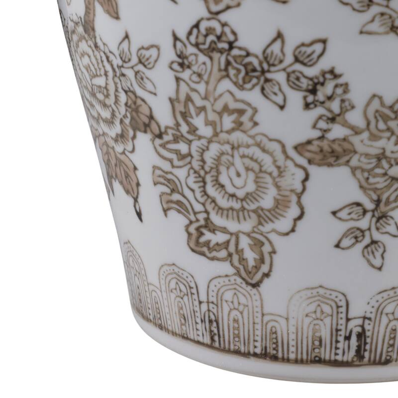 Stoneware Jar Chinoiserie Floral Bird Design Home Office - 12" Brown