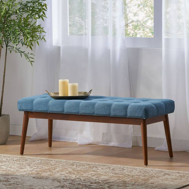Mid-Century Tufted Ottoman with Rubberwood Frame by Christopher Knight Home