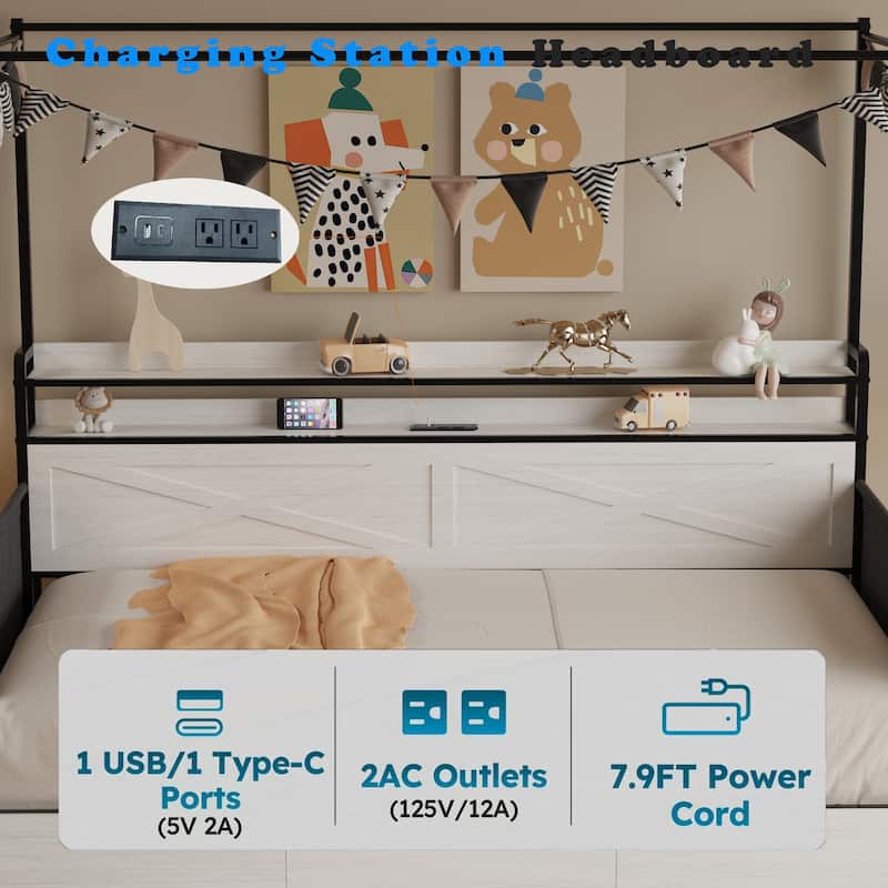 Modern Twin Bed with Storage Drawers, LED Lights and Charging Station, Twin Daybed Frame No Box Spring