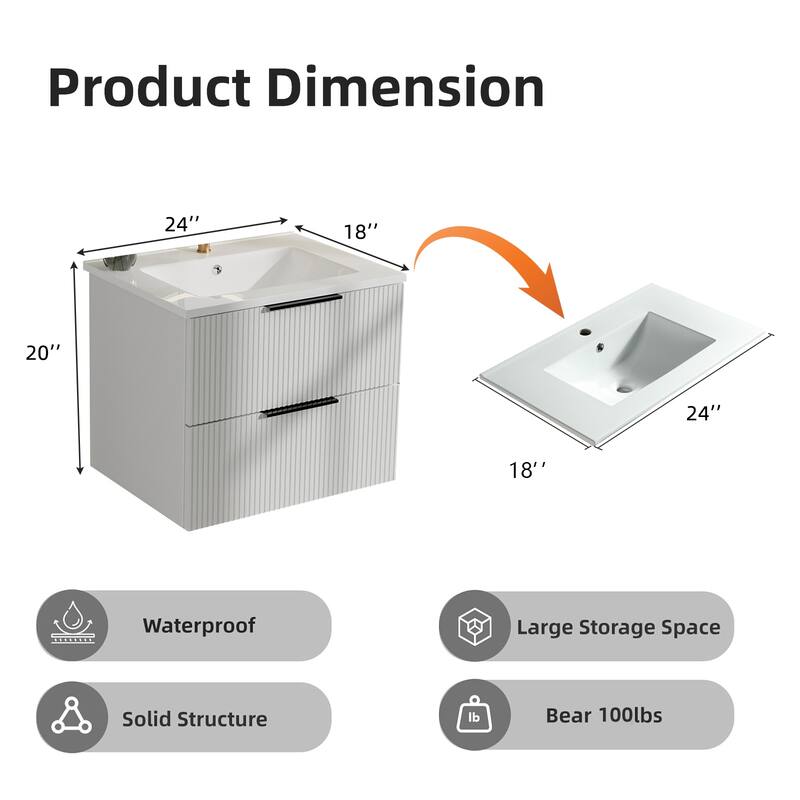 24 Inch Floating Bathroom Vanity with Ceramic Sink, Wall Mounted Modern Fluted Cabinet with 2 Drawers