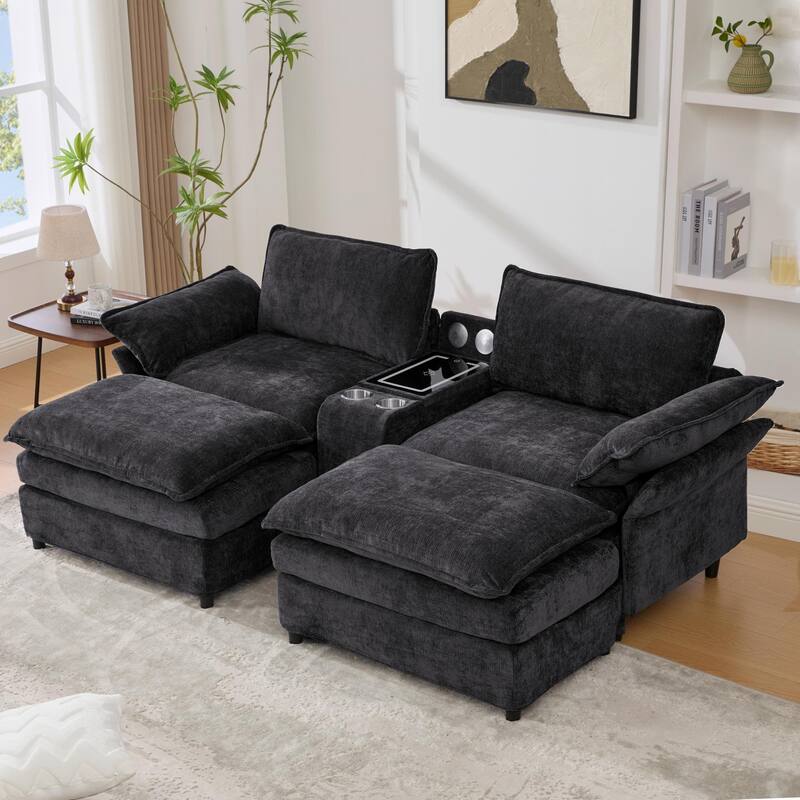 Modular Sectional Sofa, U Shaped Couch with 2 Ottomans, Storage Console & Wireless Charging, 2 Cup Holders, Bluetooth Speakers
