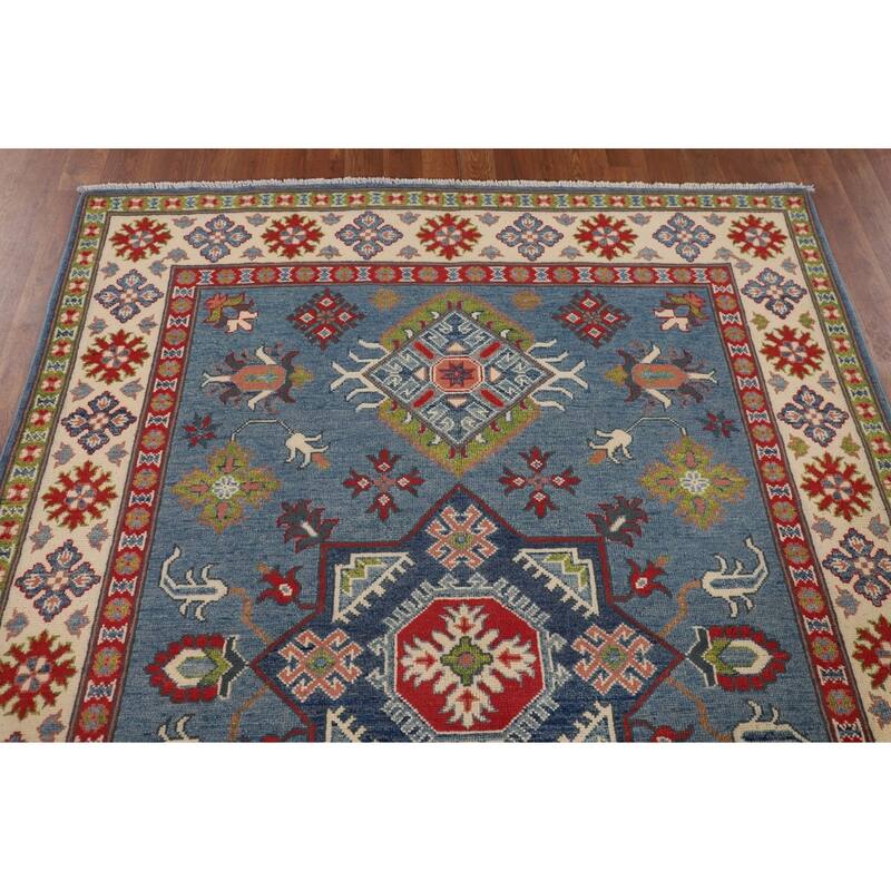 Blue Geometric Kazak Oriental Area Rug Handmade Oriental Wool Carpet - 4'11" x 6'9"