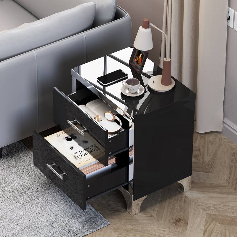 High Gloss Mirrored Nightstand with 2 Drawers,Modern End Table with Drawers,Mirrored High Gloss Wood Nightstand Metal Handle