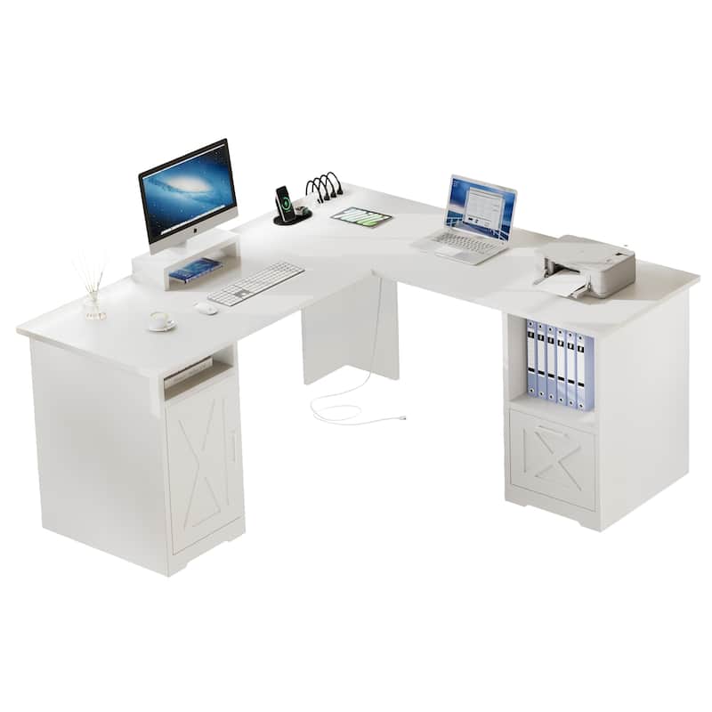 Moasis L Shaped Gaming Desk 59-Inch Computer Corner Desk with Monitor Stand - White