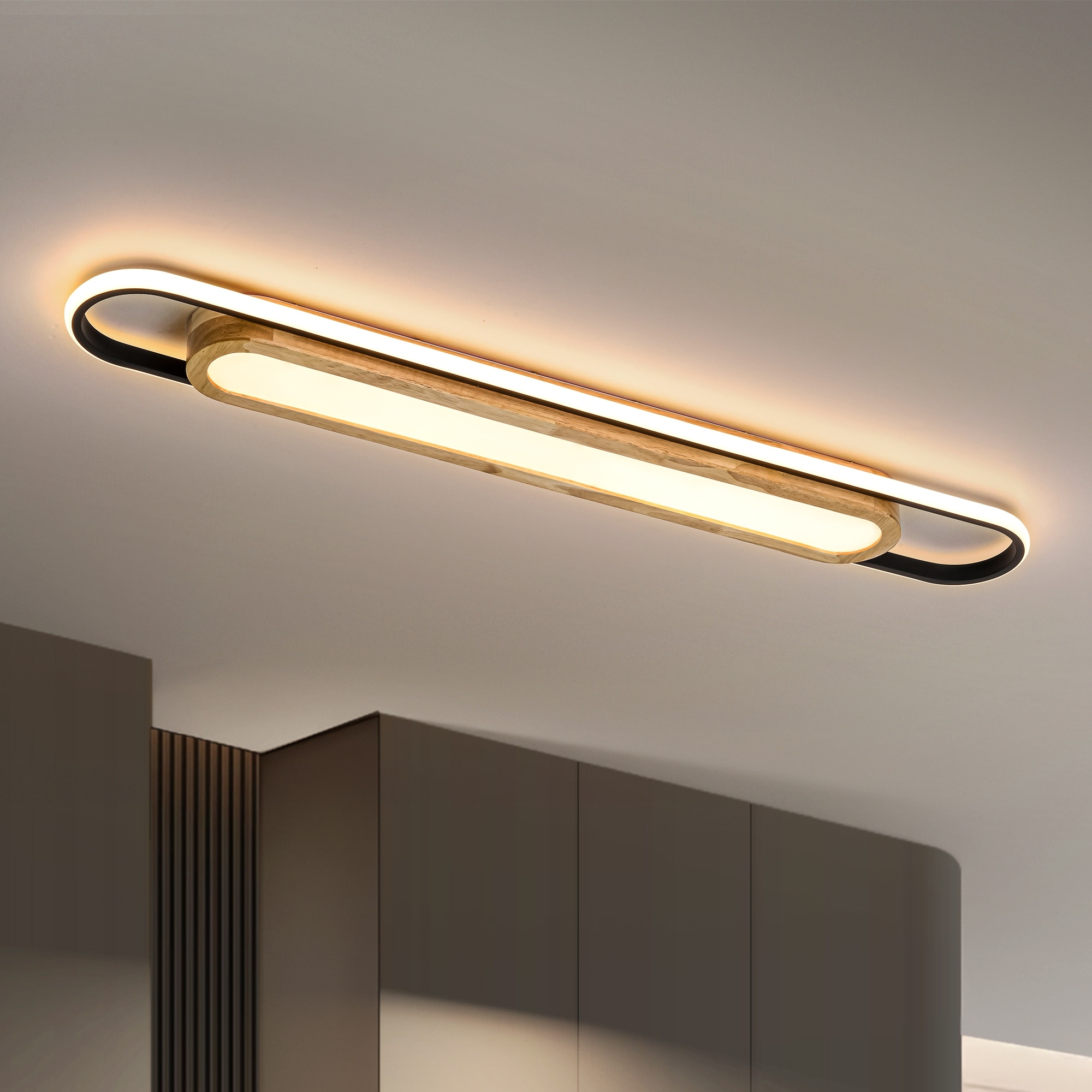 Rennnsan 39.3" Modern Black Long Strip Oval Wood Integrated LED Flush Mount Ceiling Light - 39.3 in. W