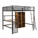 preview thumbnail 8 of 10, Full Size Black Metal Bed with Wardrobeand & Storage Shelves, Space-Saving Loft Bed Frame w/ Ladder, Full-Length Mesh Guardrail