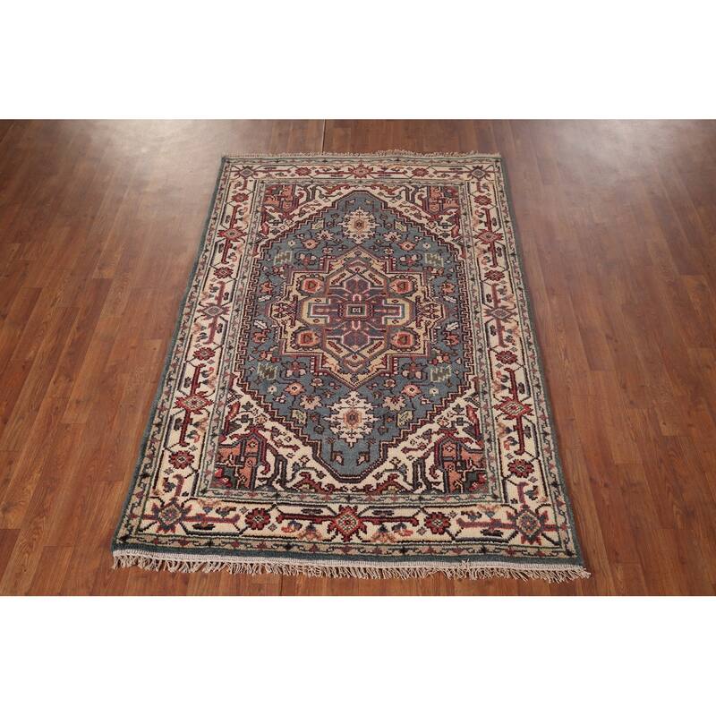 Blue Geometric Heriz Serapi Indian Area Rug Hand-Knotted Wool Carpet - 4'2"x 6'1"