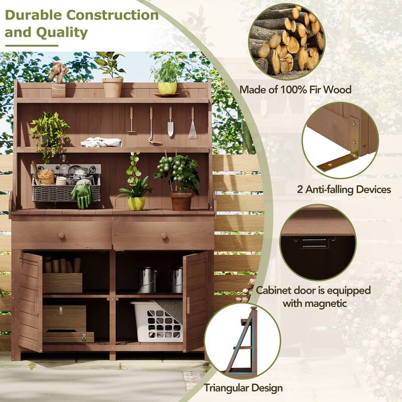 Outdoor Potting Bench Table, Gardening Workstation with Open Storage Shelves, Fir Wood Workstation with 2 Drawers and Cabinet