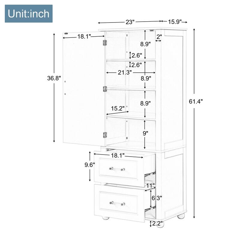 Tall Freestanding Bathroom Storage Cabinet with Two Drawers