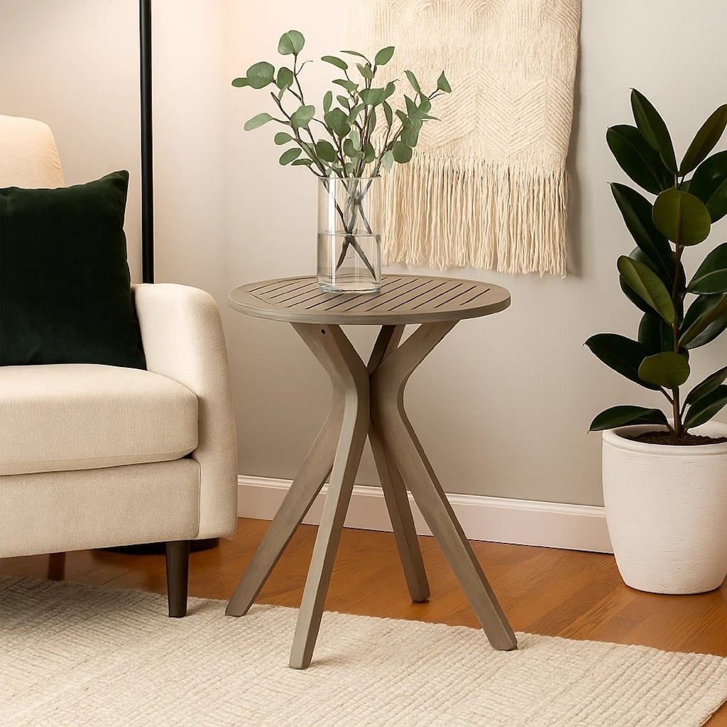 Ambre Outdoor Breakfast Dining Table, 28 Inch Slatted Gray Acacia Wood