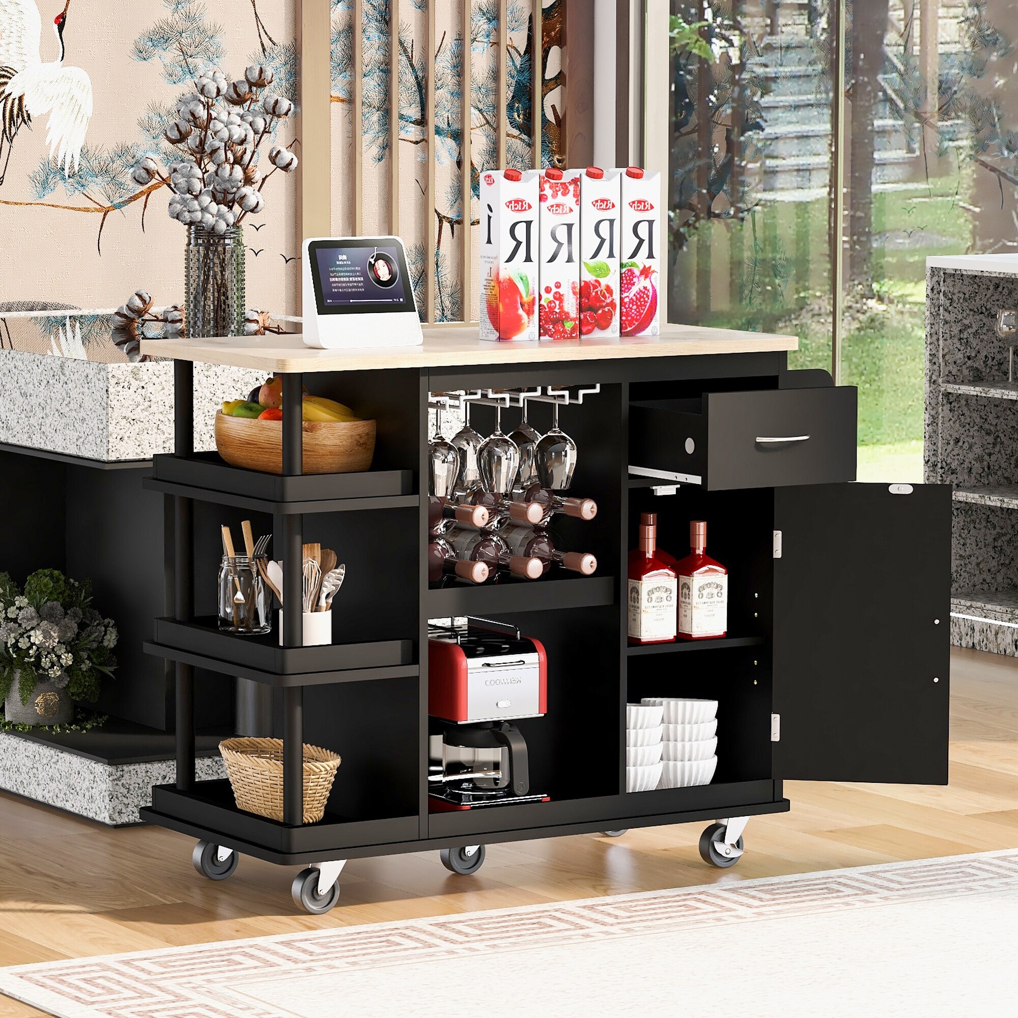 Multipurpose Kitchen Island w Side Storage Wine Shelves Wine