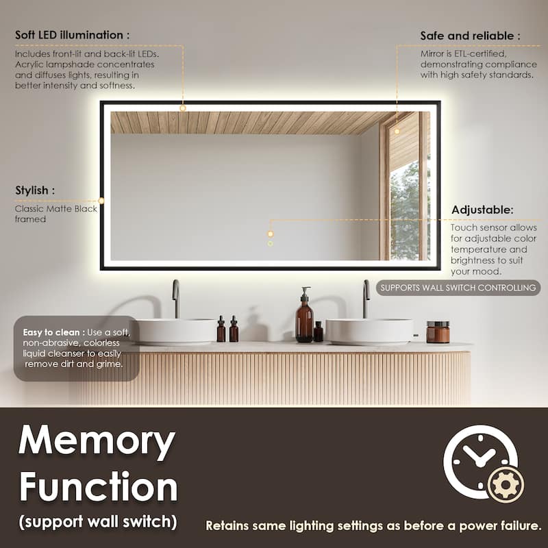Apollo Rectangular Anti-Fog Dimmable Modern Bathroom/Vanity LED Lighted Wall Mirror in Matte Black Aluminum Framed