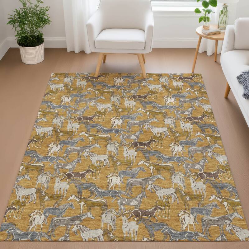 Machine Washable Indoor/ Outdoor Horse Herd Chantille Rug