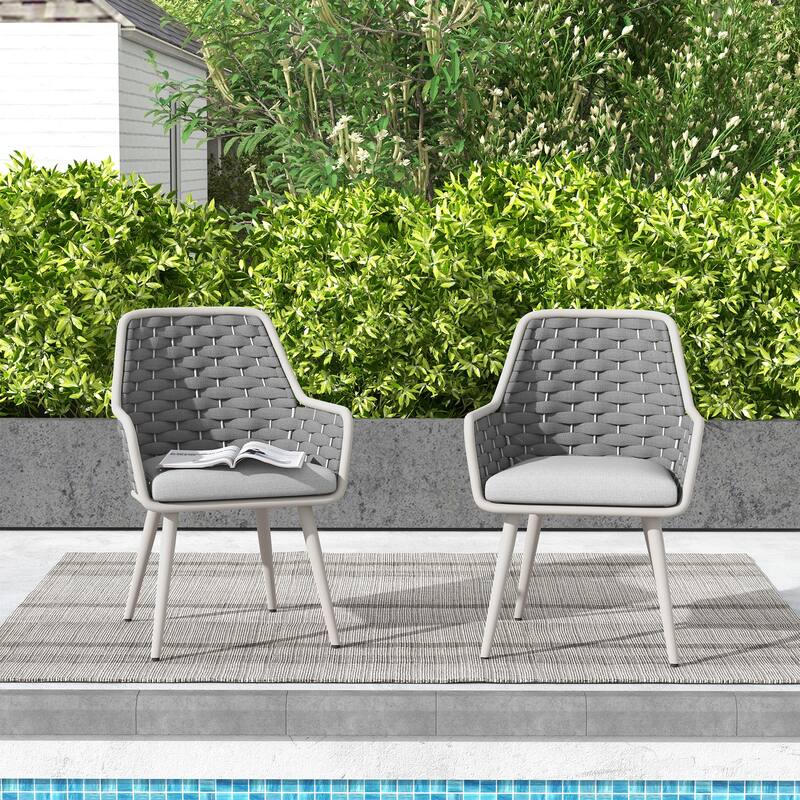 Outdoor 2-Piece Metal Arm Dining Chairs With Cushions