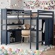 preview thumbnail 1 of 11, Full Size Loft with Wardrobe and Desk for Kids,Wood Loft Bed with Cabinet and Bookshelf, Dark Blue