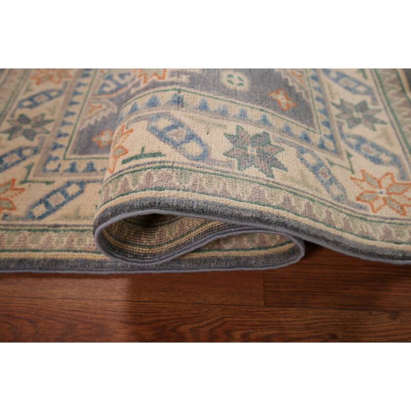 Geometric Kazak Accent Rug Hand-Knotted Grey Wool Carpet - 2'7" x 4'2"