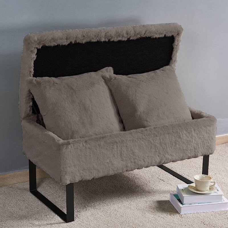 Heavy FauxFur Storage Ottoman with 2 Pillow Set