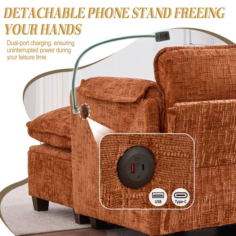 HOMEFUN Chenille Upholstered L-shaped Phone Holder Modular Sectional Sleeper Sofa with Movable Storage Ottoman
