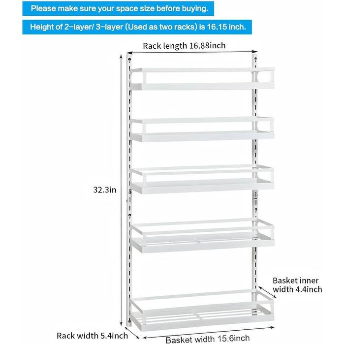 Wall Mount Spice Rack Organizer 5 Tier Height-Adjustable Hanging - ‎5.4"D x 15.6"W x 32.3"H