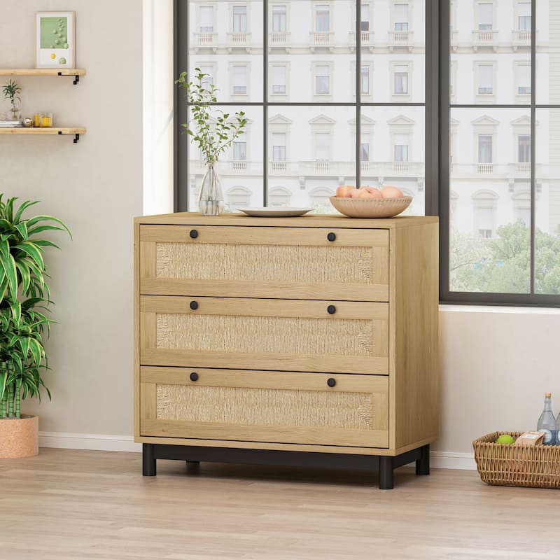 Modern Rattan Dresser, 30.31" 3-Drawers Rattan Storage Cabinet, Dresser for Bedroom, Rope Woven Drawer, Chest of Rattan Drawers