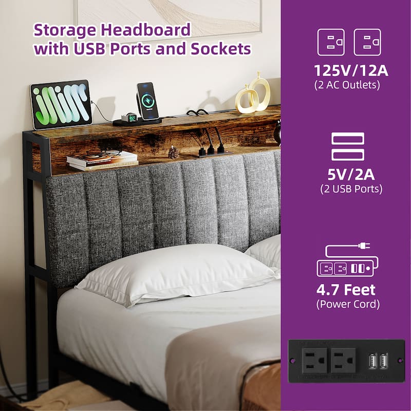 Upholstered Platform Bed with Charging Station and Storage Headboard