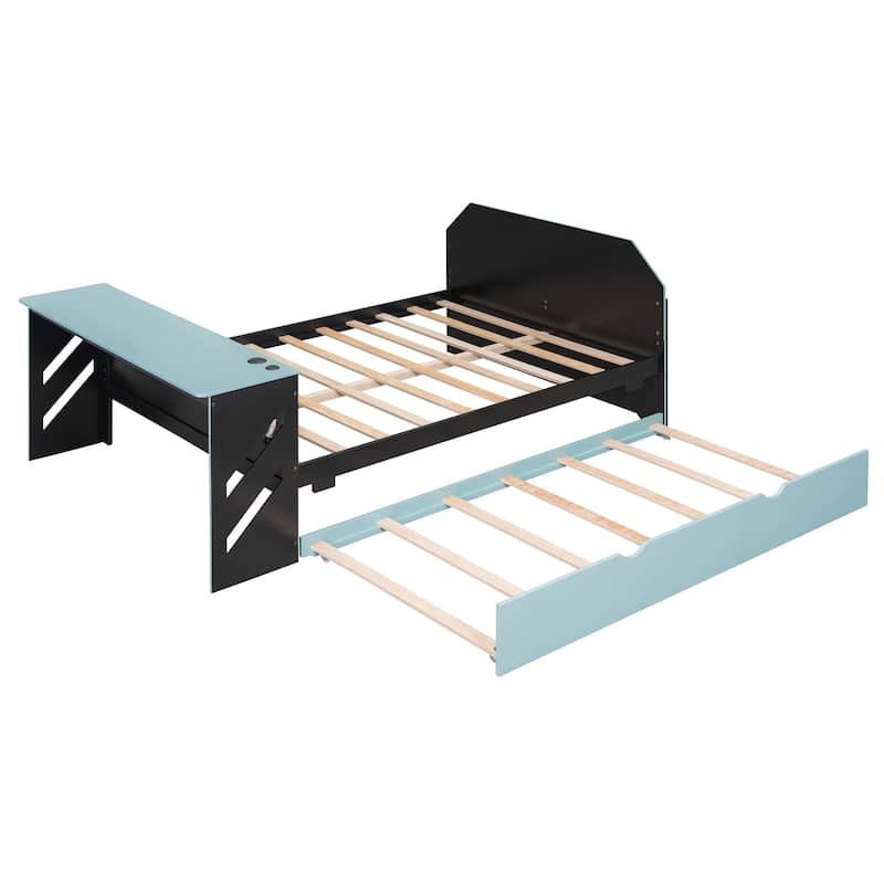 Full Daybed with Trundle, Wood Daybed with Built-in Desk and USB Charging Station, Twin Trundle Bed with Storage