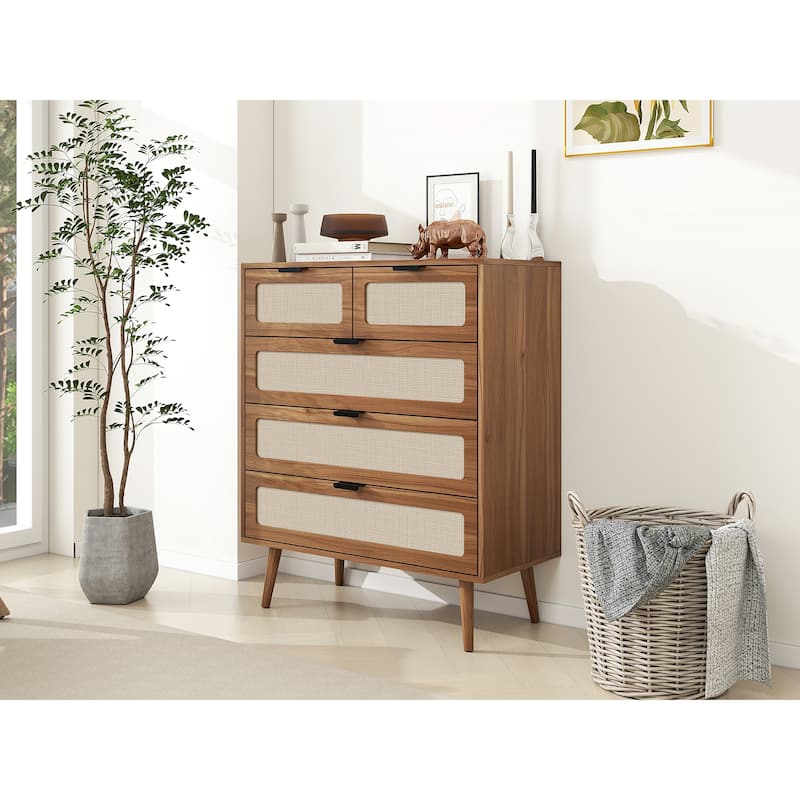 Natural Rattan 5 Drawer Cabinet, Accent Storage Cabinet