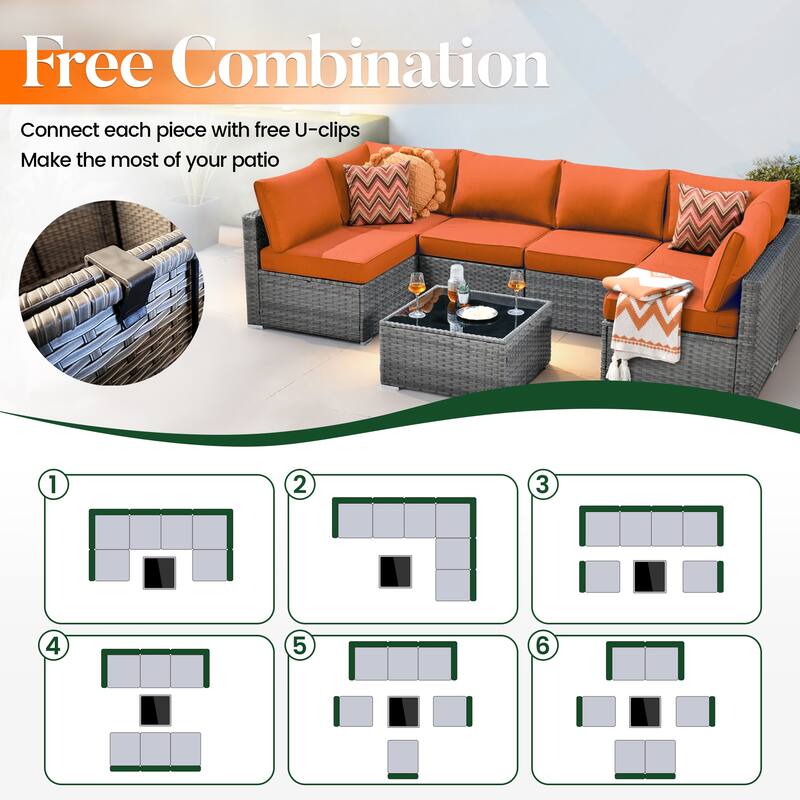 HOOOWOOO 9-piece Grey Wicker Patio Outdoor Sectional Set with Swivel Rocking Chair