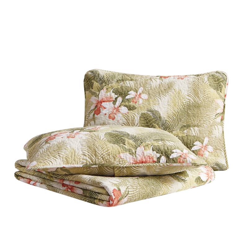 Tommy Bahama Tropical Orchid Green Cotton Reversible Quilt Set