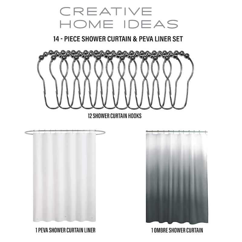 14-Piece Bath/Shower Set - Ombre Shower Curtain, Hooks & PEVA Liner