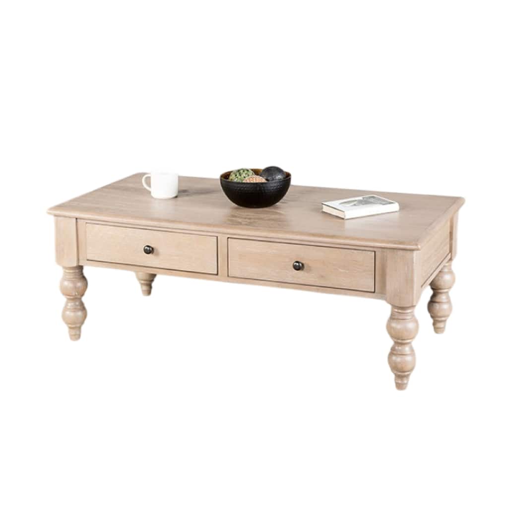 Cherie Coffee Table, 2 Drawers, Light White Washed Wood, 52 Inch