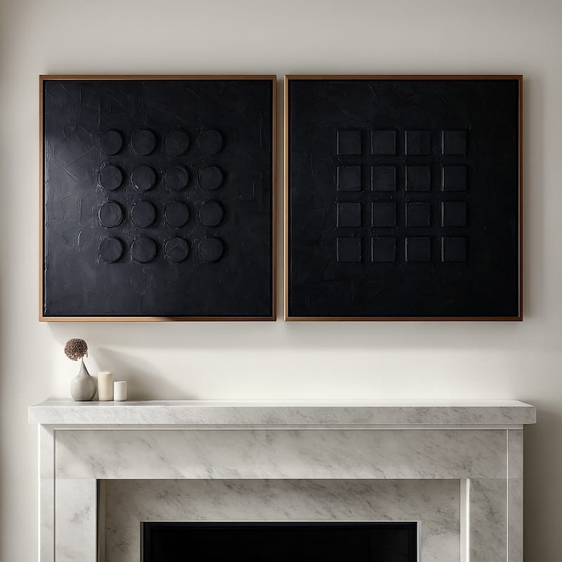 Hand-Painted Shadow Box Block Wall Artwork - Set of 2, 47", Black - Wood - Brown - 94.0"