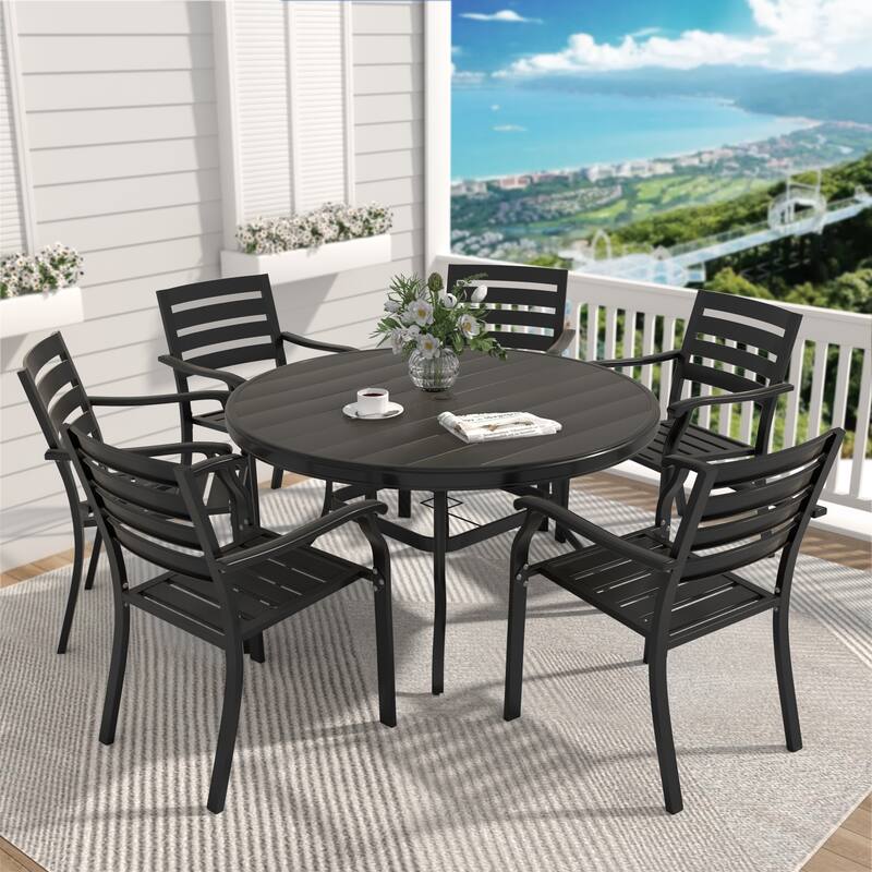 7 Pieces Outdoor Patio Dining Set, 6 Stackable Metal Dining Chairs and 52.95" Round Metal Dining Table