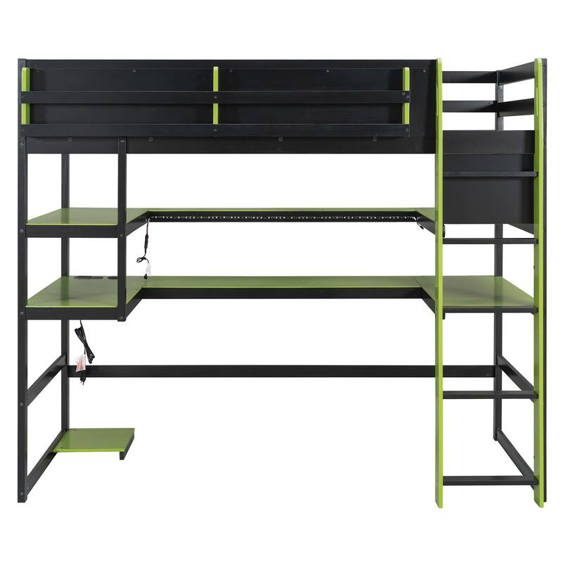 Loft Bed with Wraparound Study Hub, Side Storage Rack, USB Charging & RGB Light by Harper&Bright Designs