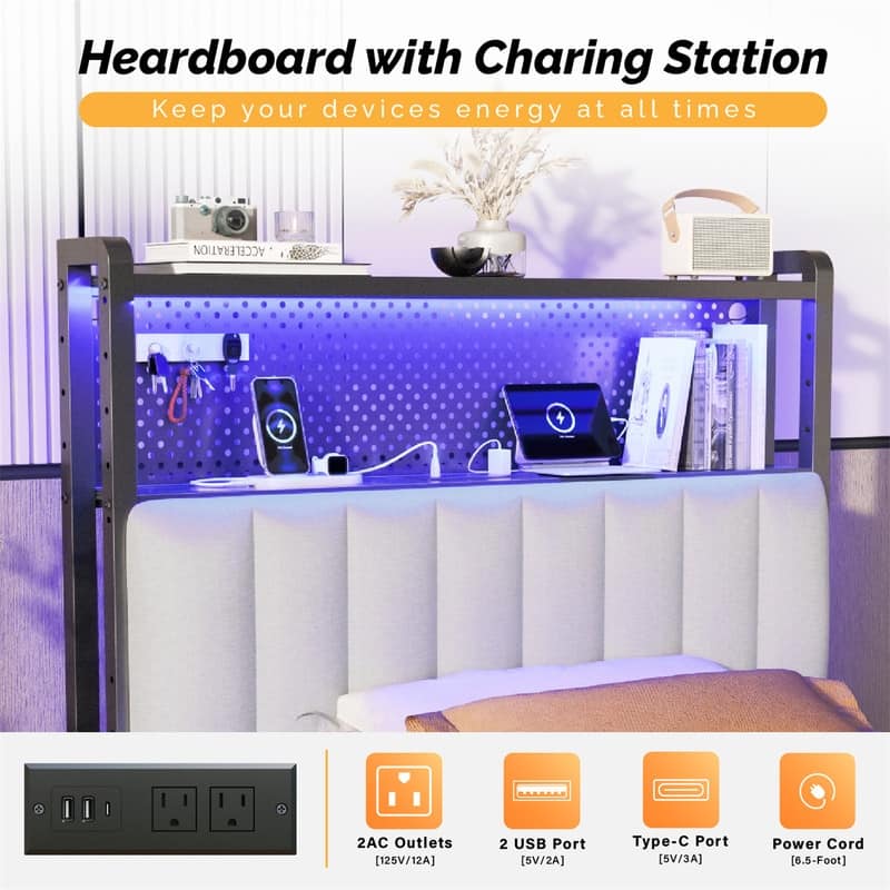 Adjustable Upholstered Headboard with 2 Tier Shelves with Charging Stations and LED Lights, Modern Bed Headboard with Storage