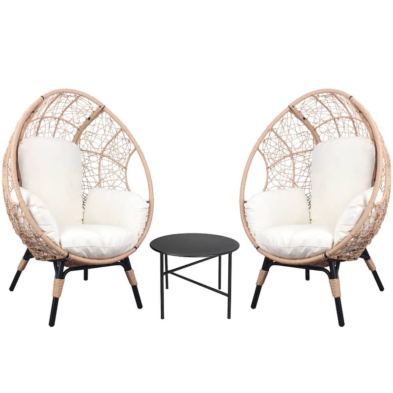3 Pieces Patio Egg Chair with Side Table Set,Natural Rattan Wicker Egg Chairs with Think Beige Cushion for Porch Deck Backyard