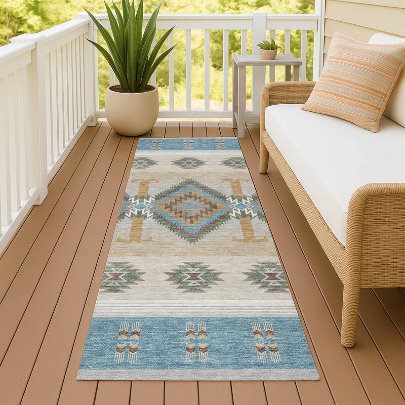 Machine Washable Indoor/ Outdoor Global Chennai Chantille Rug - Teal - 2'3" x 7'6"