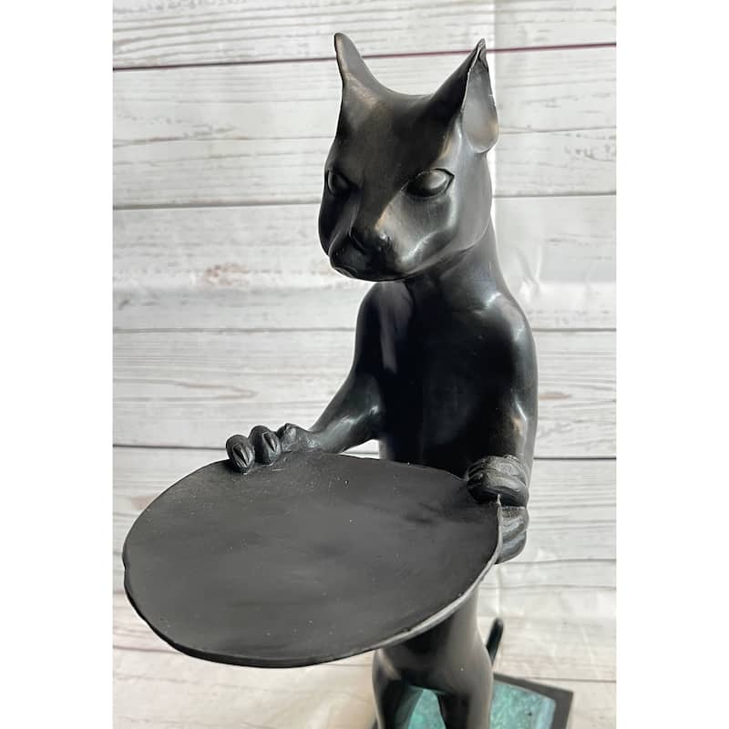 Standing Imitative Cat Holding Tray Business Card Holder Bronze Sculpture Statue Original Art Decor