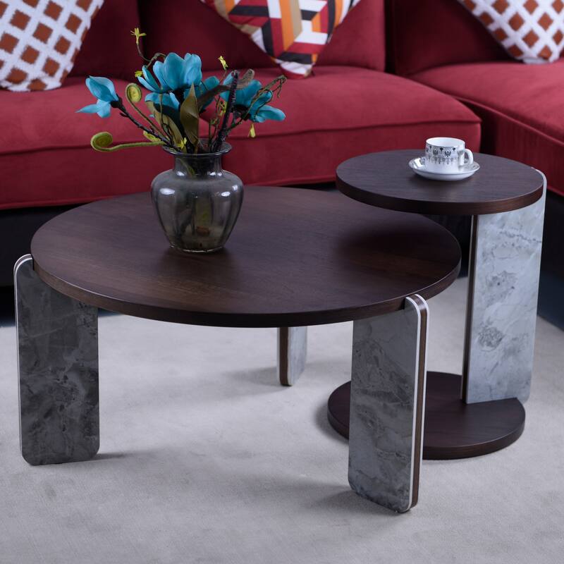 Round Nesting Coffee Table Set of 2, Sintered Stone Top Nesting Tables with Metal Frame, Modern Accent Side Table Set