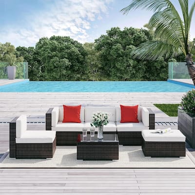 6PCS Weatherproof PE Rattan Patio Set, Sectional Storage Ottoman