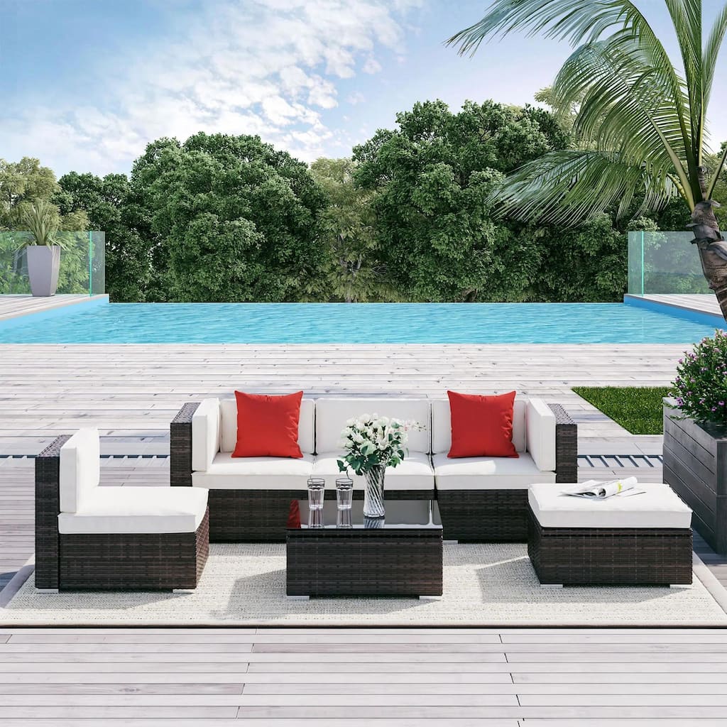 6PCS Weatherproof PE Rattan Patio Set, Sectional Storage Ottoman