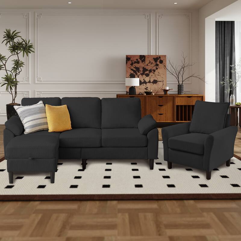 3 Pieces Corduroy Living Room Set with Sectional Sofa, Ottoman and Chair - Black