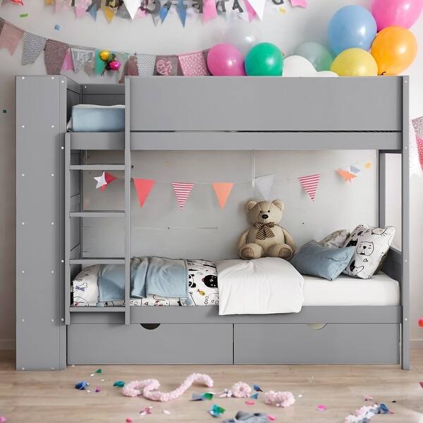 slide 2 of 26, Twin Over Twin Bunk Bed with Drawers and Cabinet Gray