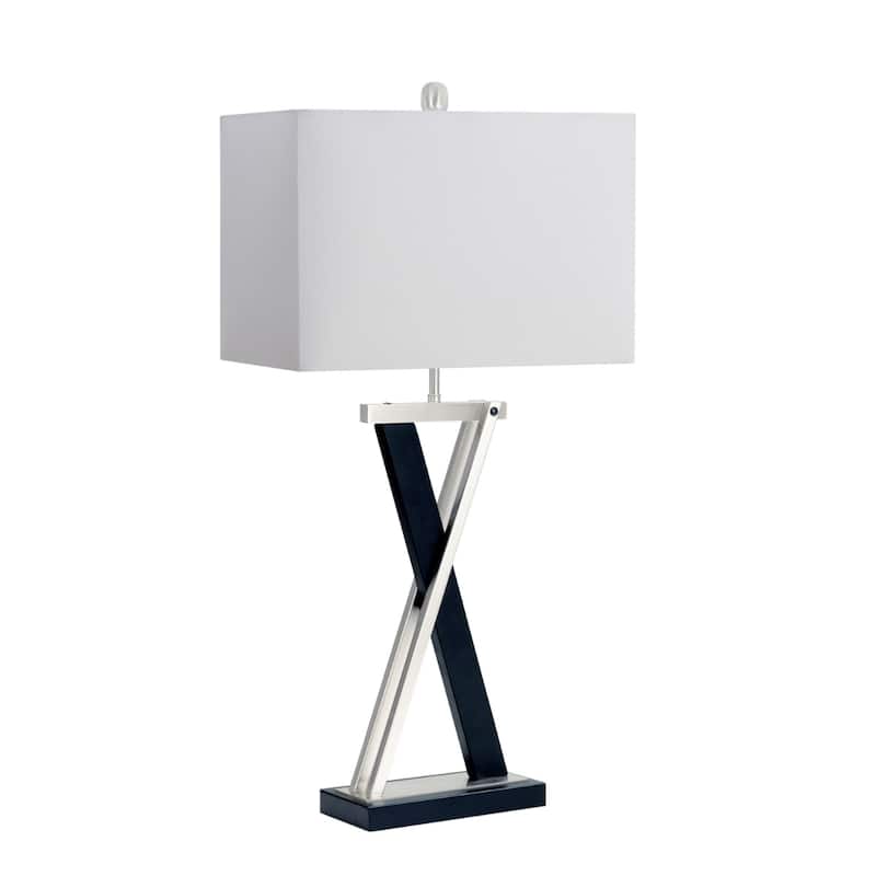 Black Metal Coastal Table Lamp Set of 2 with White Linen Shades and 3 Way Switch - 15” x 8” x 28.5” (D x W x H)