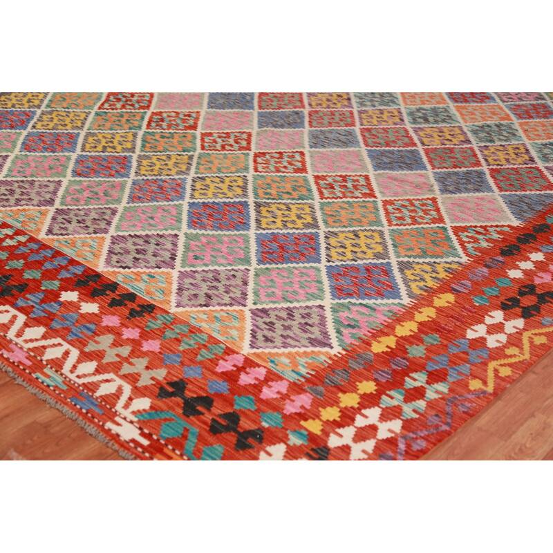All-Over Trellis Kilim Oriental Large Rug Hand-Woven Wool Carpet - 10'8"x 12'11"