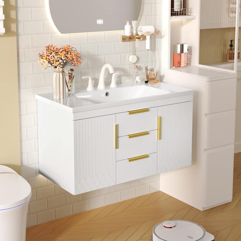 36" Wall Mounted Bathroom Vanity with Resin Sink, 2 Drawers