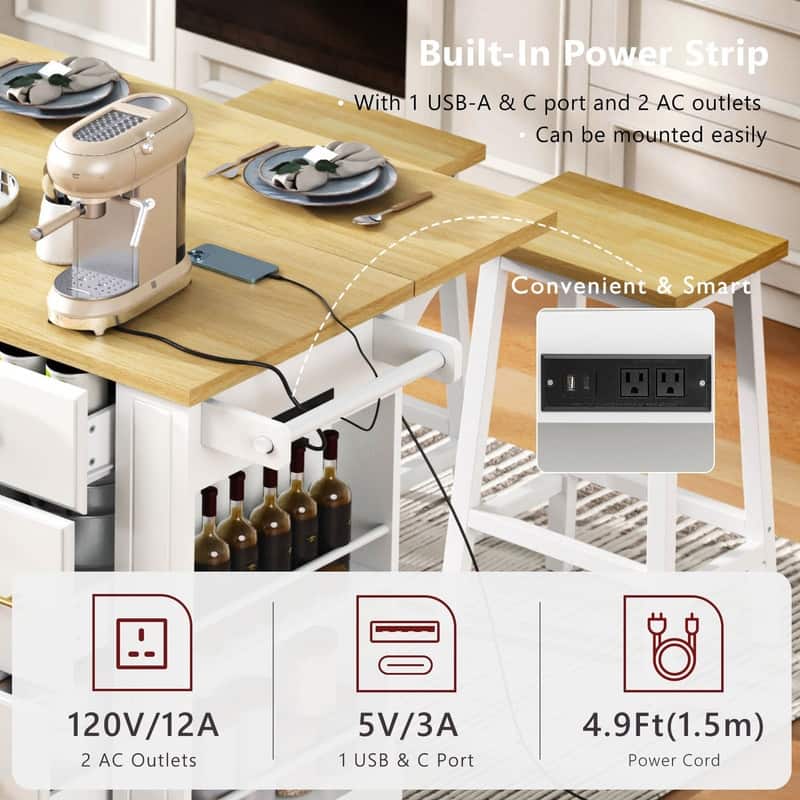 51.2" Rolling Kitchen Island with Drop Leaf, Kitchen Island with 6 Drawers, Pull Out Trash Can Storage and Power Outlet